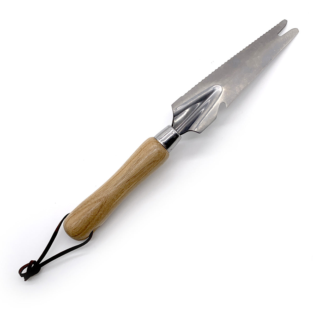 A 5-in-1 hand multi weeder with an ash wood handle, stainless steel serrated head, and a leather strap.